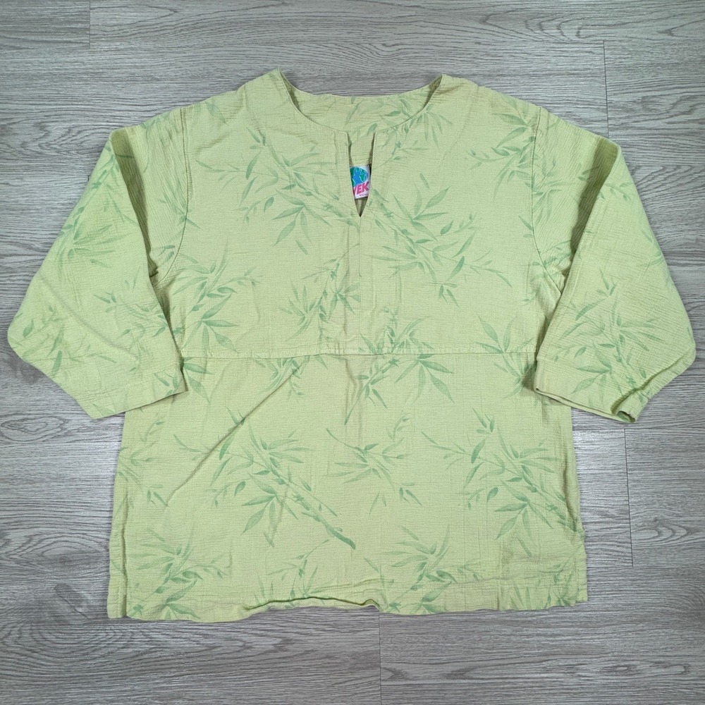 WEK Woman Women's Tunic Top Green Bamboo Leaf Print Small Split Neck 3/4 Sleeve